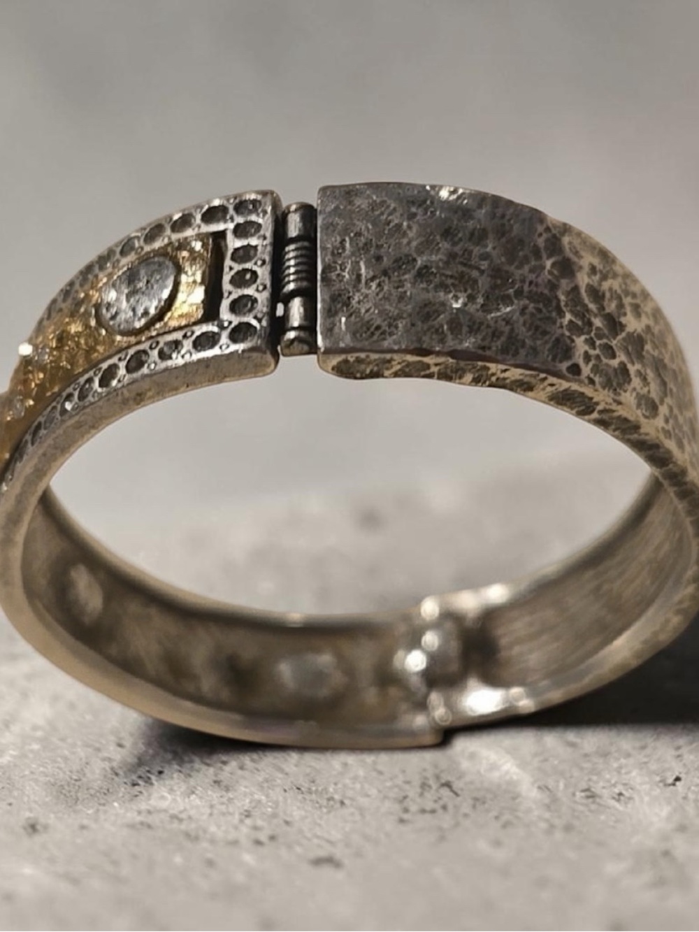 Hammered Silver Hinged Bangle Bracelet with Gold Accent